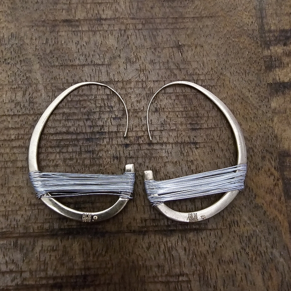 Robert Lee Morris Gold Hoop Earrings with Silver Wire Wrap - Picture 2 of 3